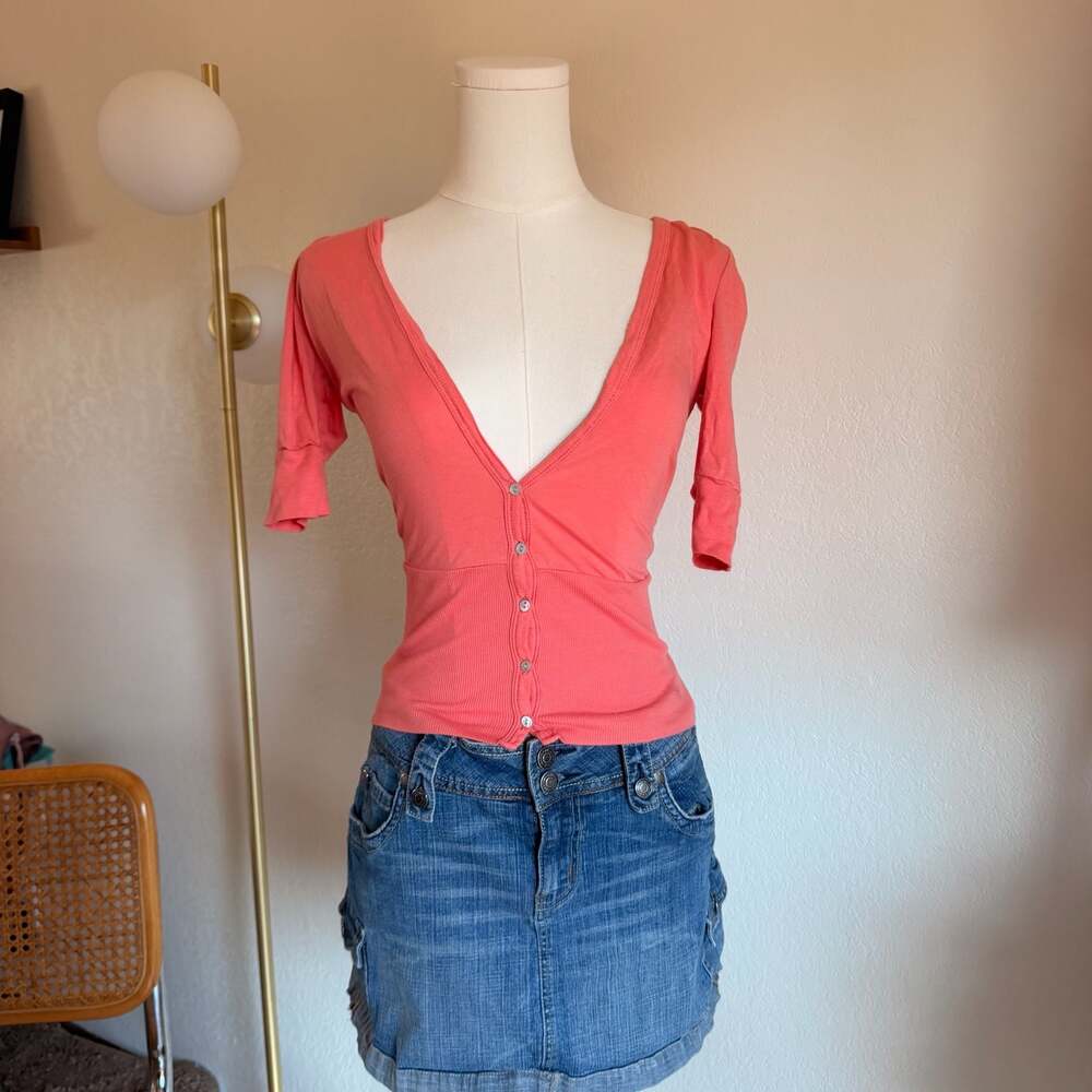 Banana Republic Coral Ribbed V-Neck Button-Up Cardigan